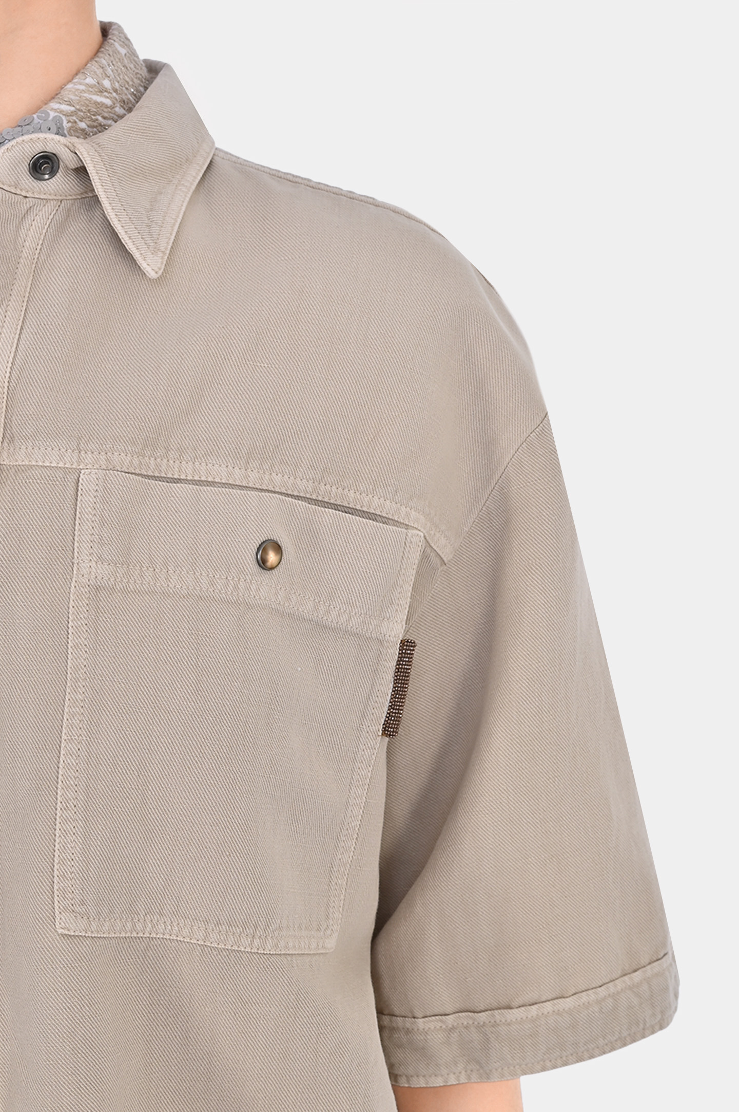 Джинсовая блуза с карманами свободного кроя BRUNELLO  CUCINELLI ML996MH636, цвет: Светло-бежевый, Женский