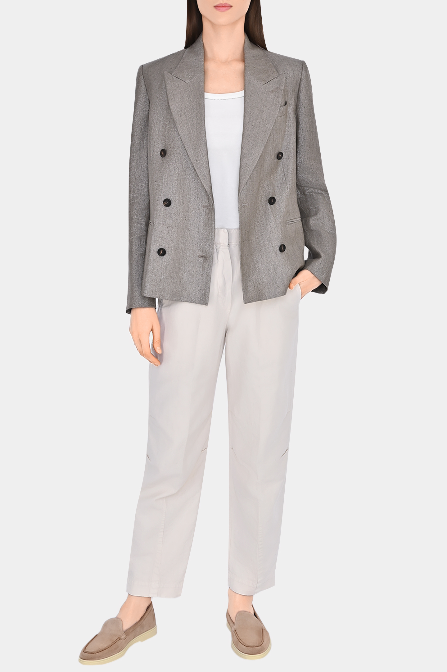Жакет двубортный с карманами из льна BRUNELLO  CUCINELLI MH5672358, цвет: Бежевый, Женский